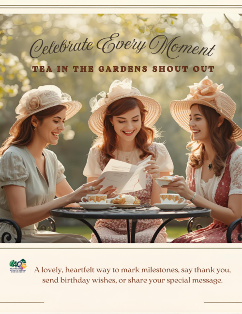 Get your Tea in the Gardens Shout ladies in the garden reading the program smiling