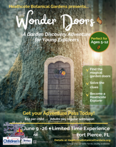 Wonder Doors at Heathcote Botanical Gardens June 9-26 for ages 5-12 a garden discovery adventure image of a whimsical door on a tree