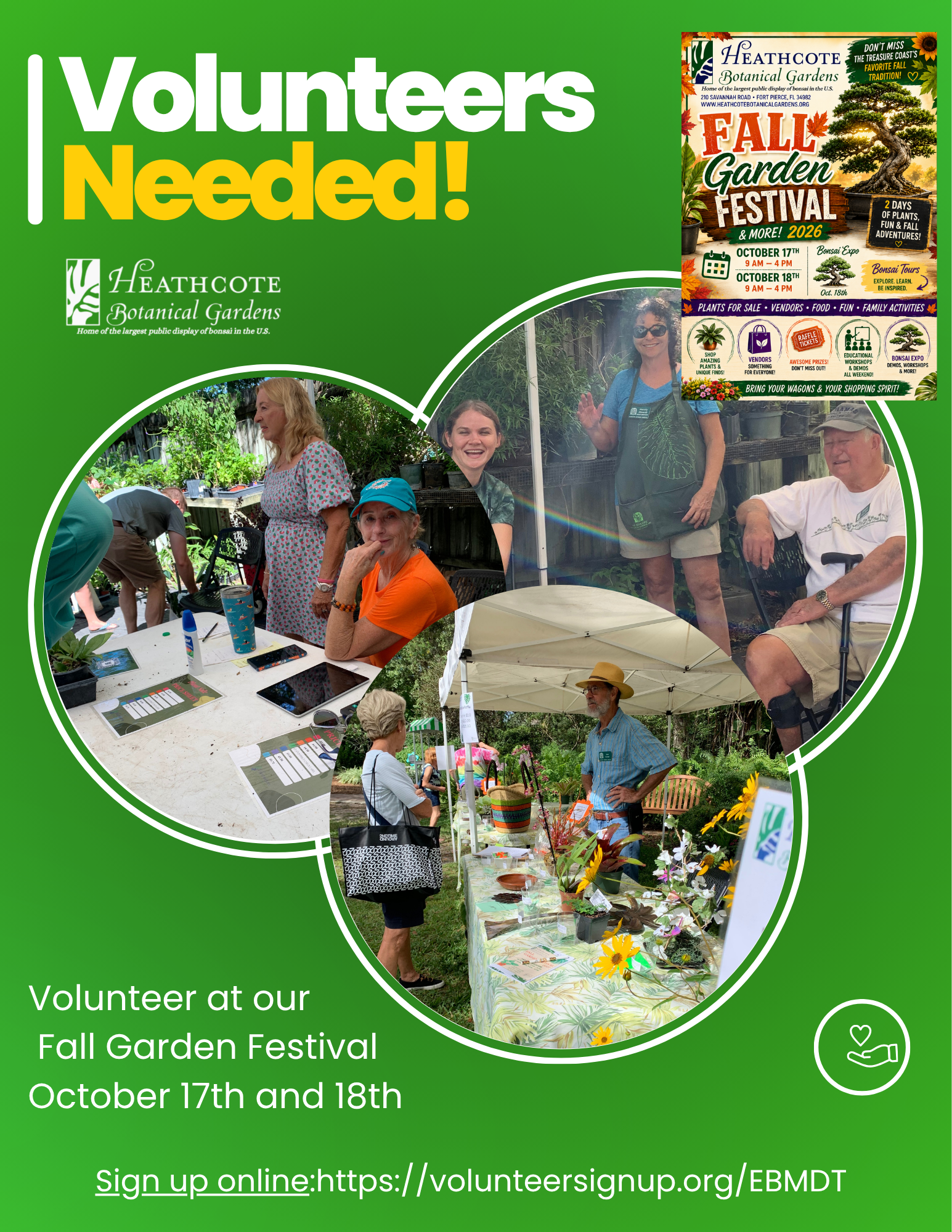 Heathcote Botanical Garden's Fall Garden Festival October 17 and 18 images of volunteers at the event with a call to sign up as a volunteer.