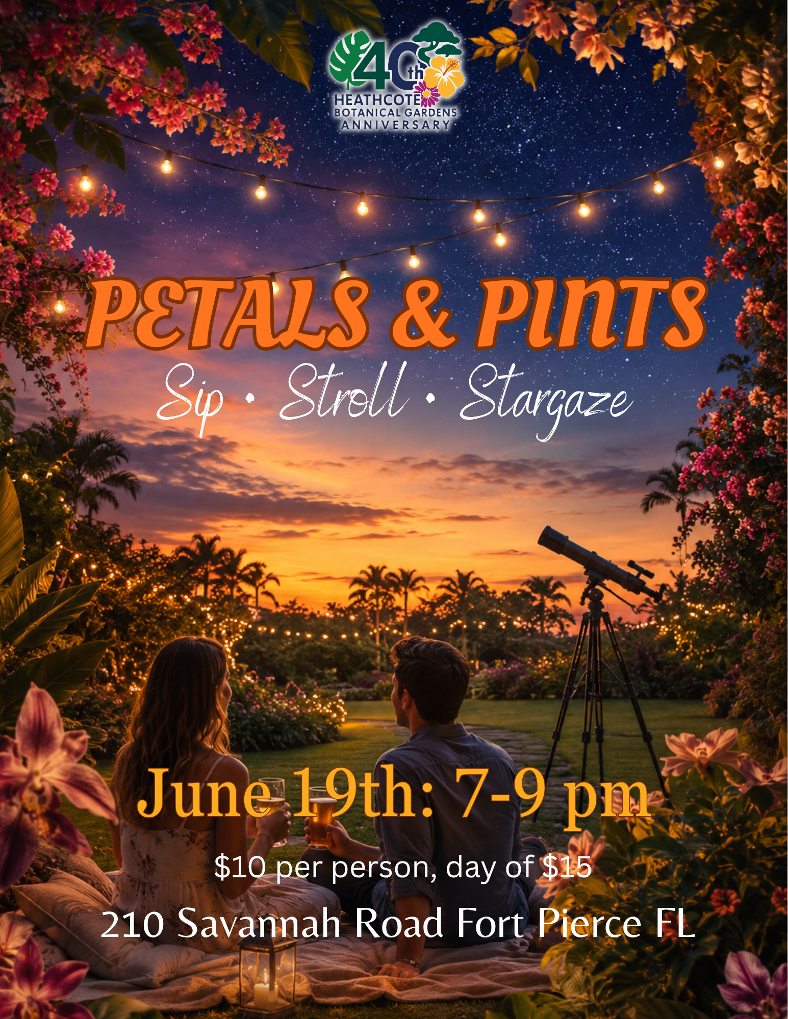 Petals and Pints at Heathcote Botanical Gardens June 19th 7-9pm image of a couple on the lawn with drinks with market lights twinkling and the sun setting with stars and a telescope in the background.