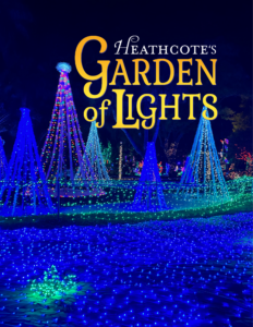 Heathcote's Garden of Lights image of main lawn with lights and trees glowing