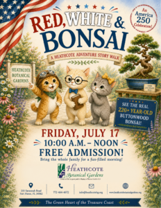 Illustration of three curious kittens walking through colorful botanical gardens while following Story Walk signs toward a large historic bonsai tree as families explore together on a sunny summer morning. July 17th 10am - 12pm at Heathcote Botanical Gardens